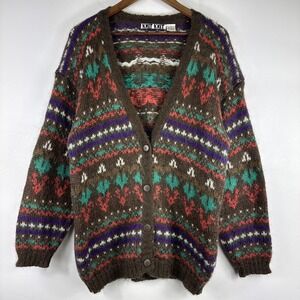 Vintage Knit Cardigan Sweater Unisex Medium Brown Mohair Acrylic Aztec Coogi 90s